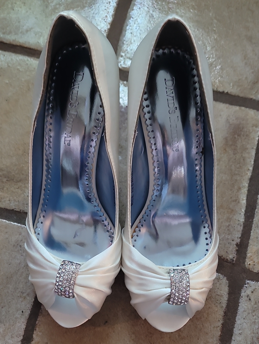 Women's Ivory Satin Peep-Toe Heels with Rhinestone Accent
